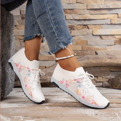 Women's Flower Pattern Knit Sock Sneakers Lace Up Shoes