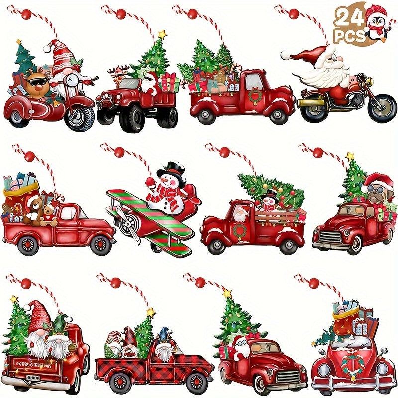 24pcs Christmas Wooden Truck Gnome Ornaments Christmas Tree Decoration
