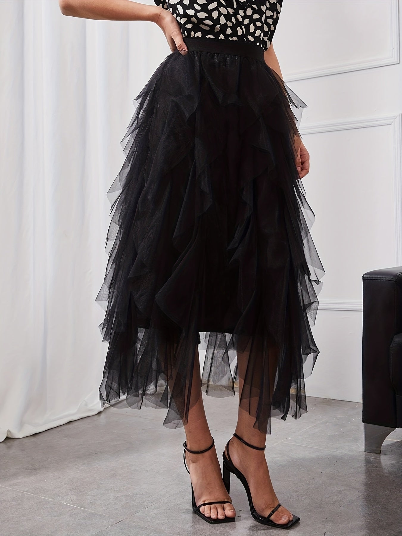 Mesh Ruffle Trim High Waist Skirt for Women