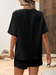 Striped Matching Set V Neck T-shirt & Drawstring Shorts Outfit