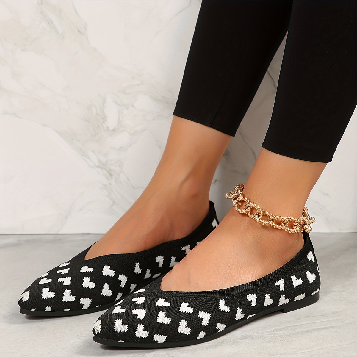 Women's Heart Pattern Flats Pointed Toe Knitted Slip On Shoes