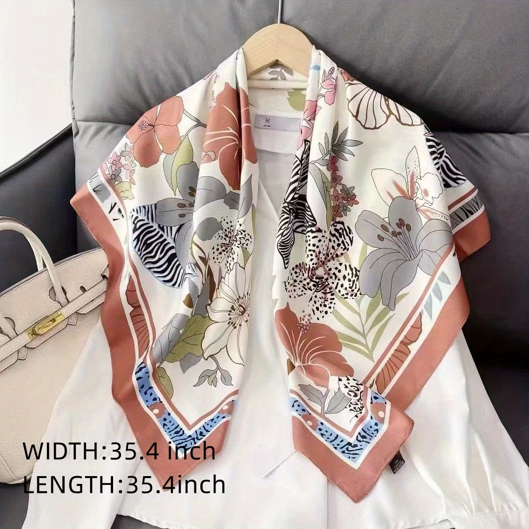 Flower Print Shawl Classic Silk Square Scarf Neckerchief for Women