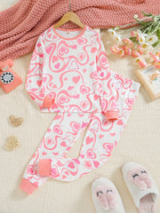 Kid's Love Heart Print Pajamas Set Long Sleeve Top & Pants Girl's Loungewear