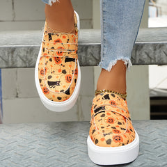 Women's Cat & Pumpkin Print Sneakers Casual Low Top Halloween Shoes