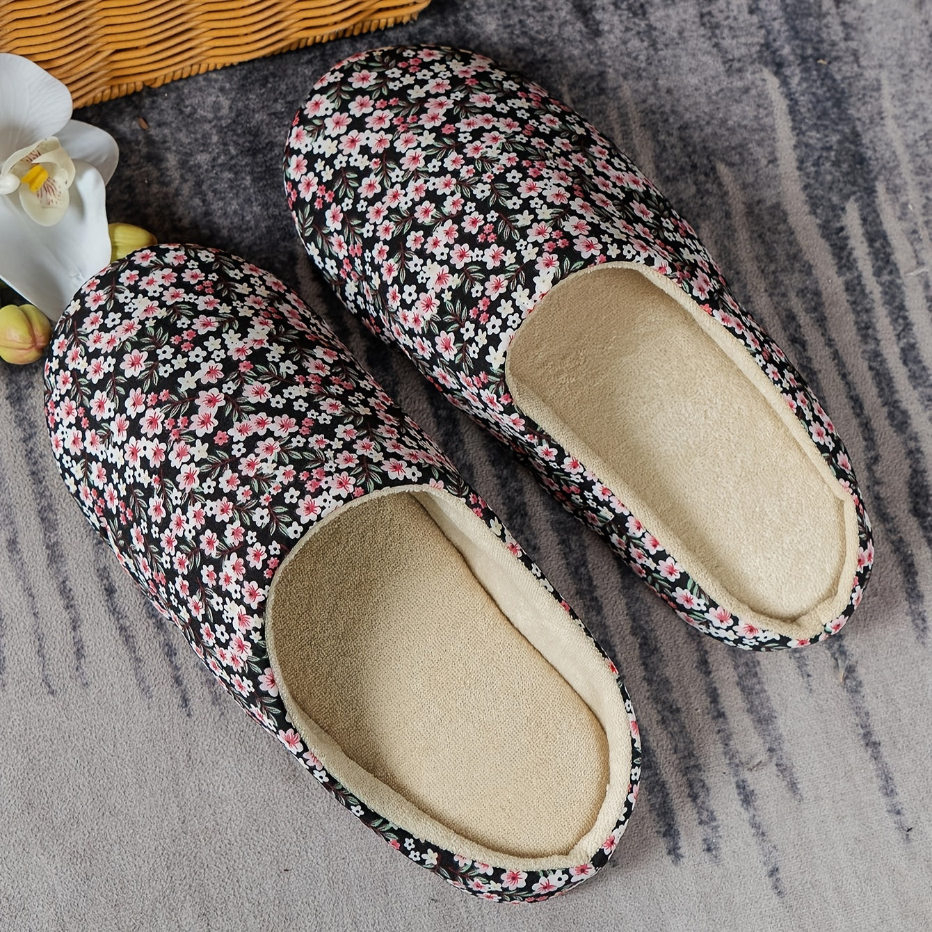 Floral Printed Plush Lined Slippers Warm Cozy Home Bedroom Mute Slippers