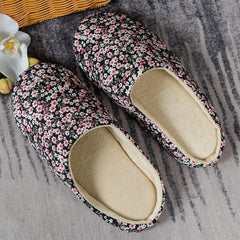 Floral Printed Plush Lined Slippers Warm Cozy Home Bedroom Mute Slippers