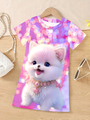 3D Print Puppy Short Sleeve Dress For Girls
