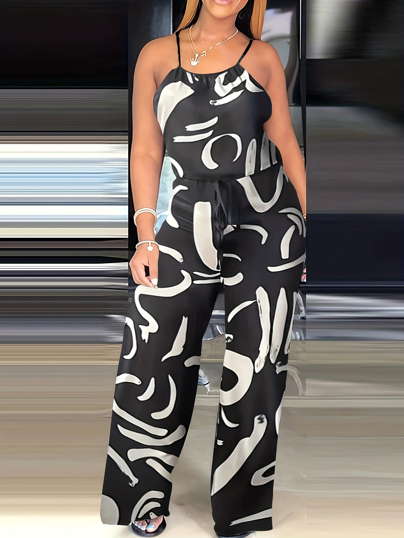 Abstract Print Spaghetti Strap Jumpsuit Casual Drawstring Wide Leg Jumpsuit