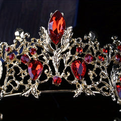 Red Rhinestone Crown Tiara Necklace Earrings Set