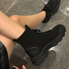 Knitted Ankle Boots Lace Up Combat Boots Elastic Platform Boots