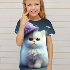3D Cat In Hat Graphic Short Sleeve T shirt for Girls