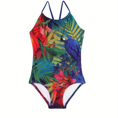 Girls Tropical Leaf Parrot Swimsuit Beachwear Round Neck