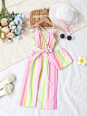 Toddler Girls Striped Belted Cami Romper Set with Hat for Beach Vacation