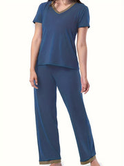 Colorblock V Neck Top & Wide Leg Pants 2 Piece Set