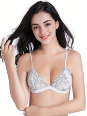 Wireless Lace Stitching Bra Scallop Trim Plunge Women's Lingerie