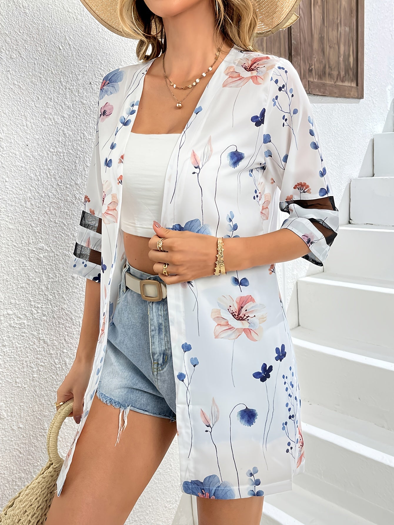 Floral Print Half Sleeve Jacket Casual Open Front Crew Neck Outerwear