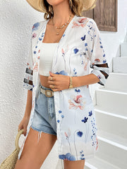 Floral Print Half Sleeve Jacket Casual Open Front Crew Neck Outerwear