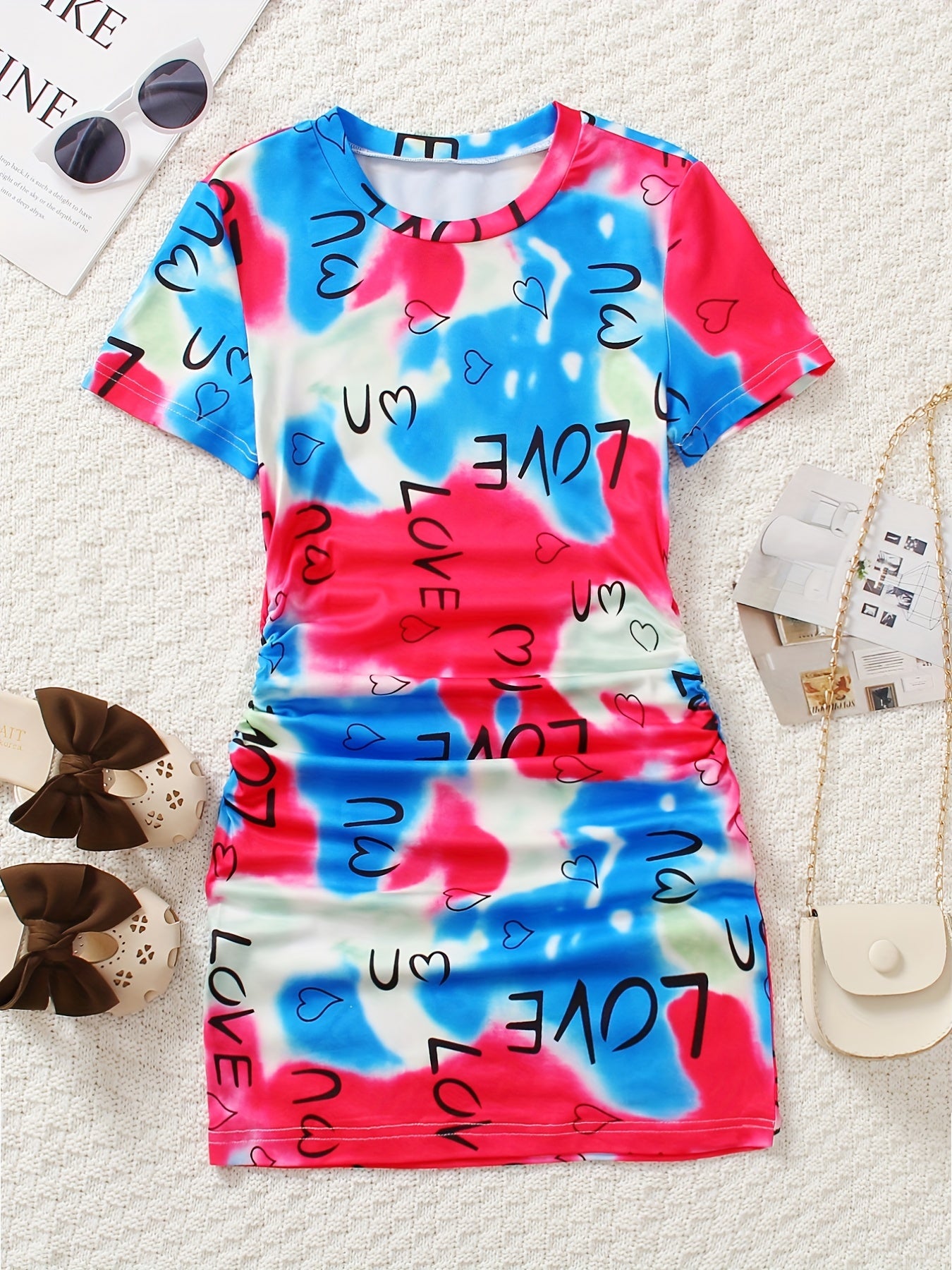 Girls Rainbow Tie Dye & Letter Graphic Short Sleeve Dress For Going Out Party