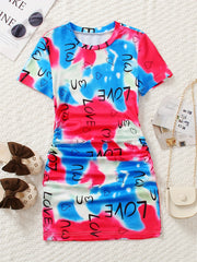 Girls Rainbow Tie Dye & Letter Graphic Short Sleeve Dress For Going Out Party