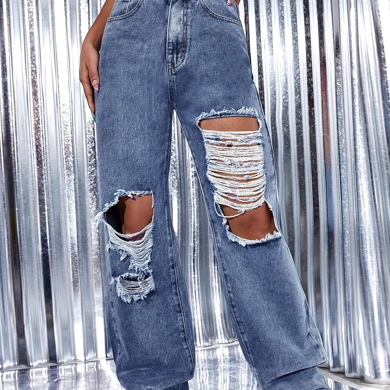 Distressed High Rise Wide Leg Jeans Ripped Knee Cut Denim Pants