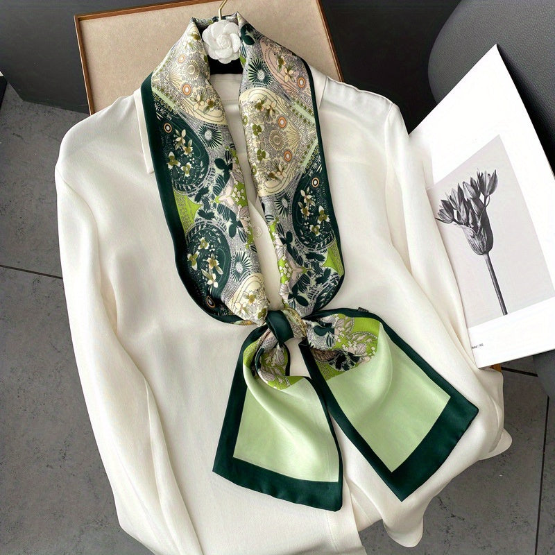 Classic Long Skinny Scarf Floral Print Satin Twilly Neckerchief