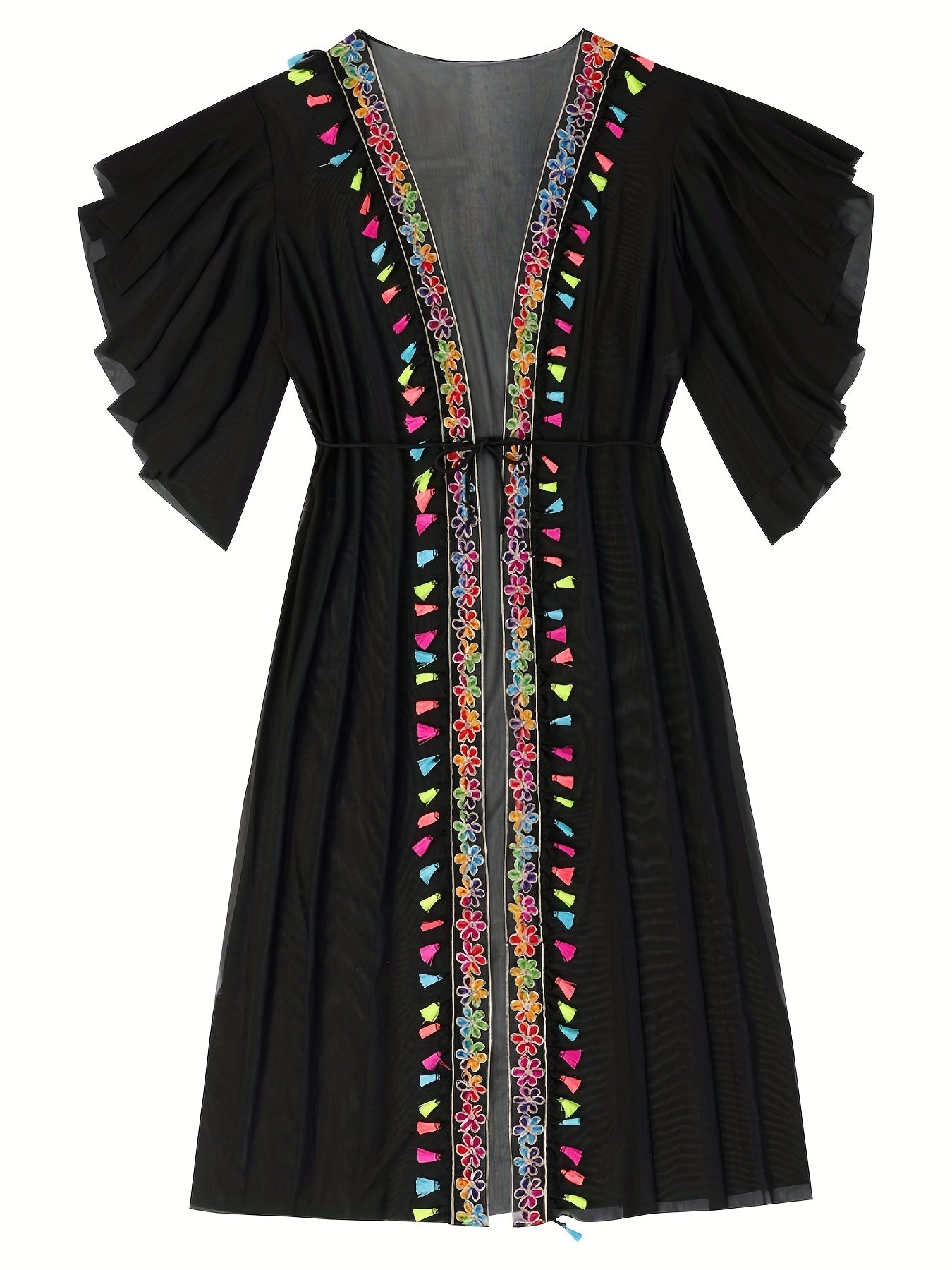 Boho Cover Up Flower Appliques Fringe Trim Ruffle Sleeve Mesh