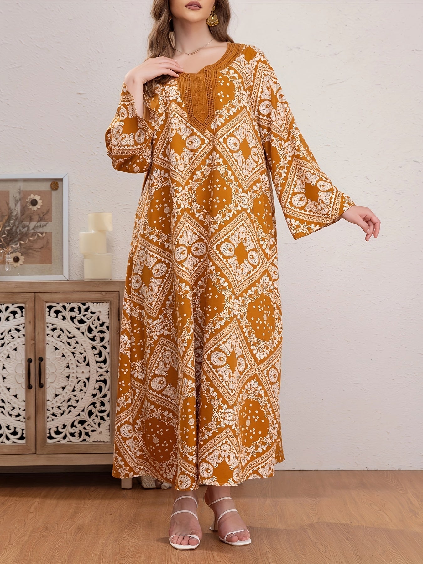 Plus Size Boho Abaya Dress Women's Plus Scarf Print Kaftan Dress