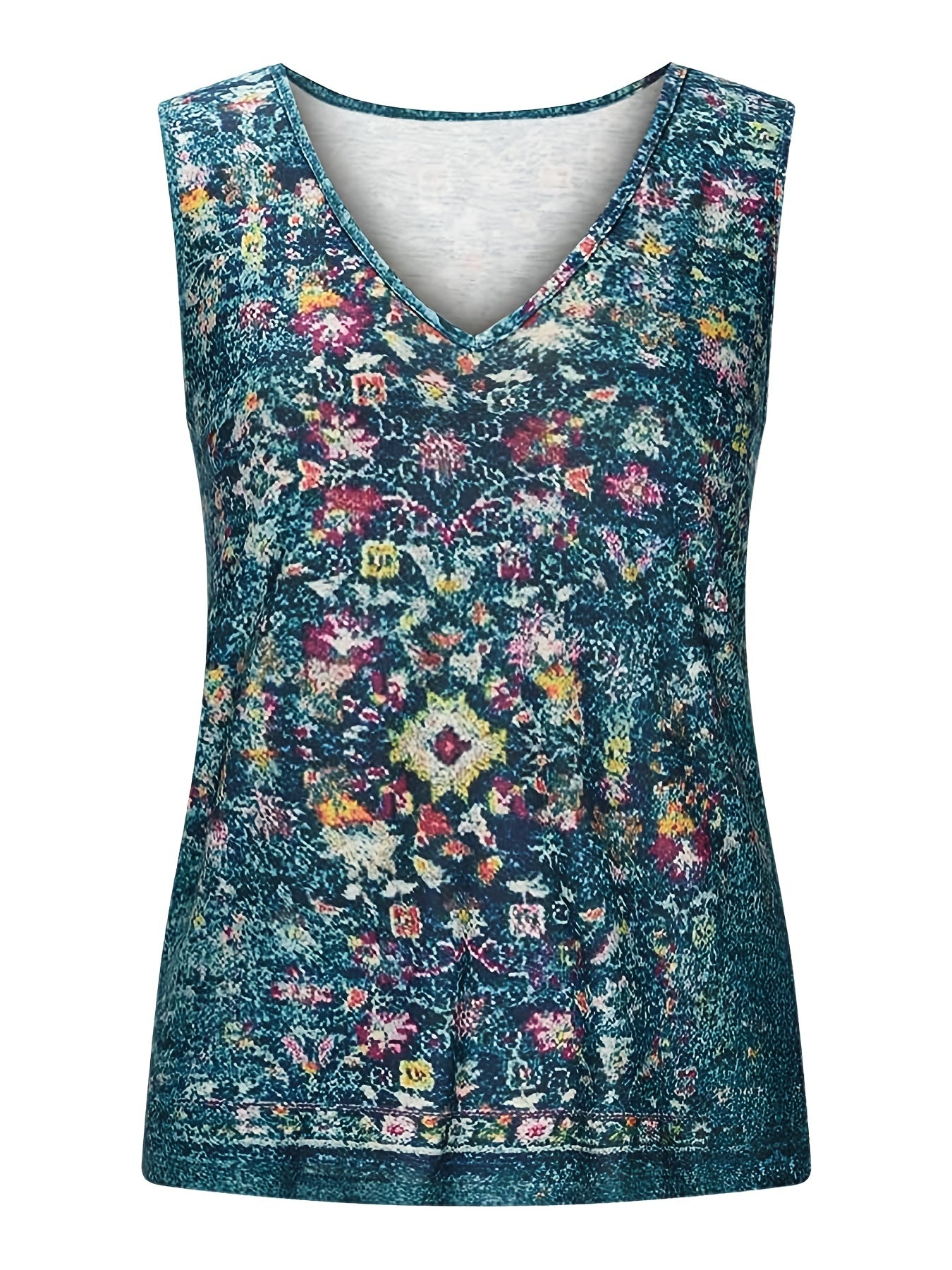 Casual Tank Top Women's Plus Random Print V Neck Slight Stretch