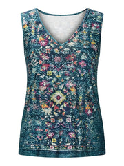 Casual Tank Top Women's Plus Random Print V Neck Slight Stretch