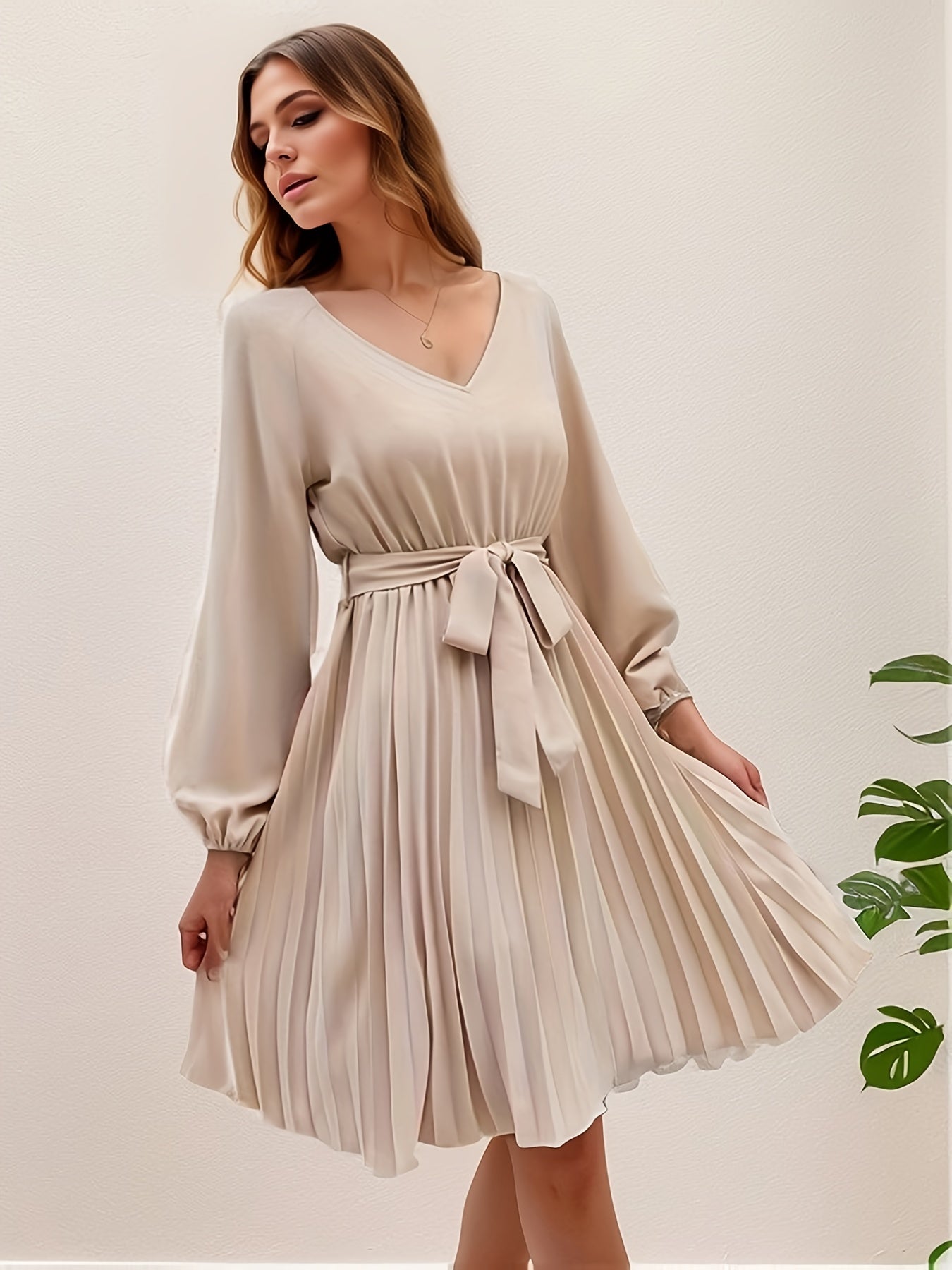 Tie Waist Pleated Dress Lantern Sleeve V neck Dress