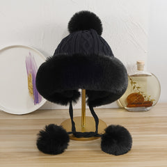 Rabbit Fur Knitted Ball Plush Thick Hat Solid Ear Protection Wool Hat