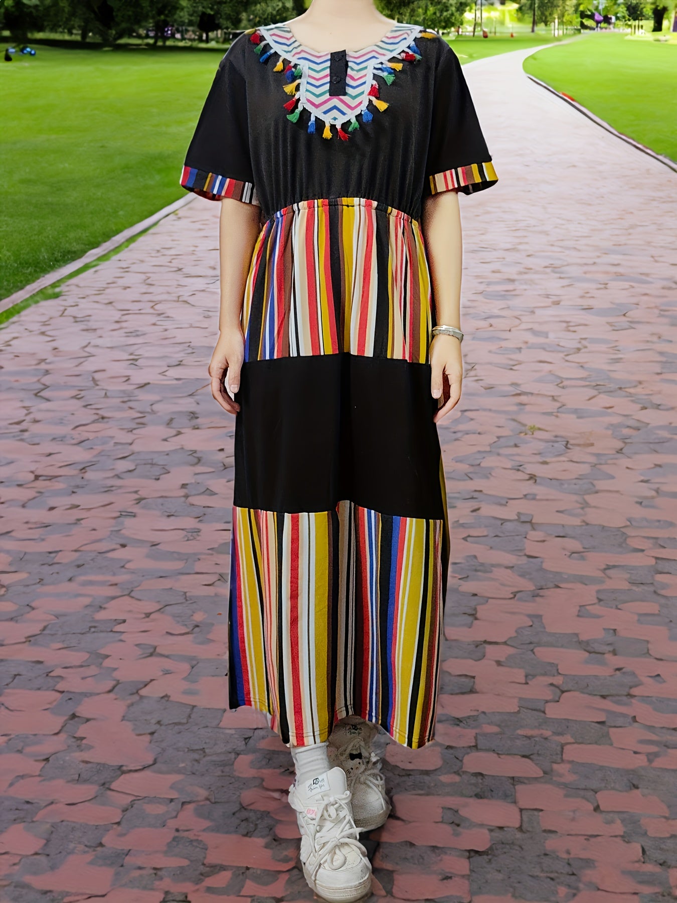 Retro Abaya Dress Women's Plus Colorful Striped Tassel Decor