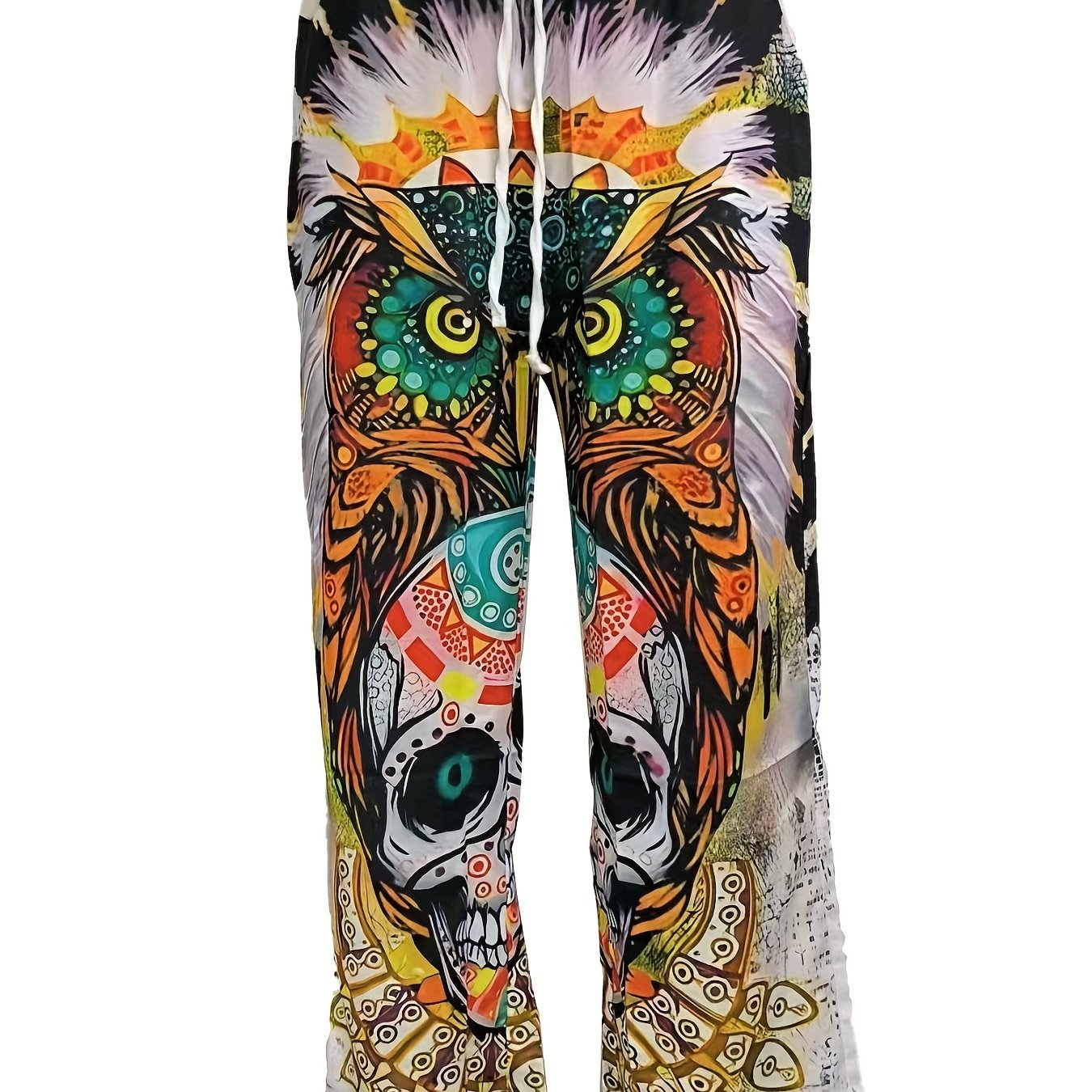 Men's Casual Pattern Printed Loose Wide Leg Trousers Side Pocket Pants