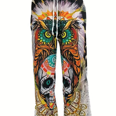 Men's Casual Pattern Printed Loose Wide Leg Trousers Side Pocket Pants