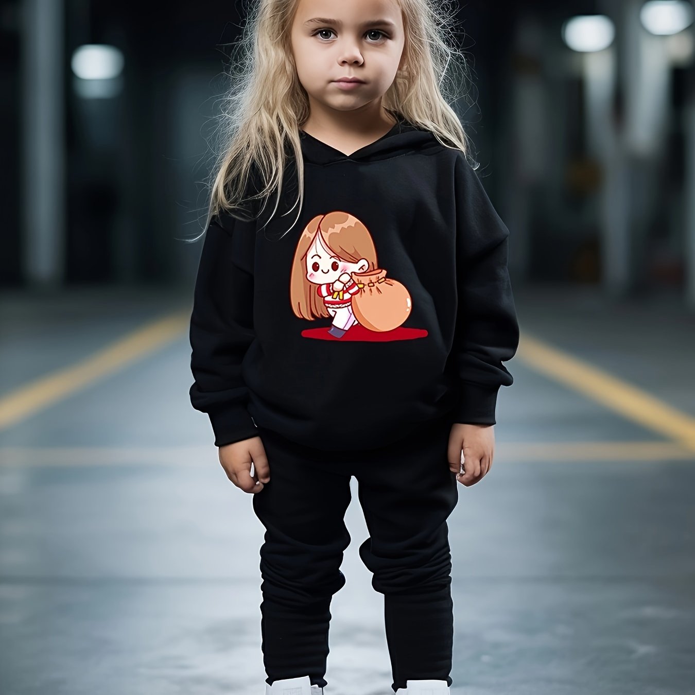 Girls Cartoon Girl Print Hooded Sweatshirt Top Sweatpants Set