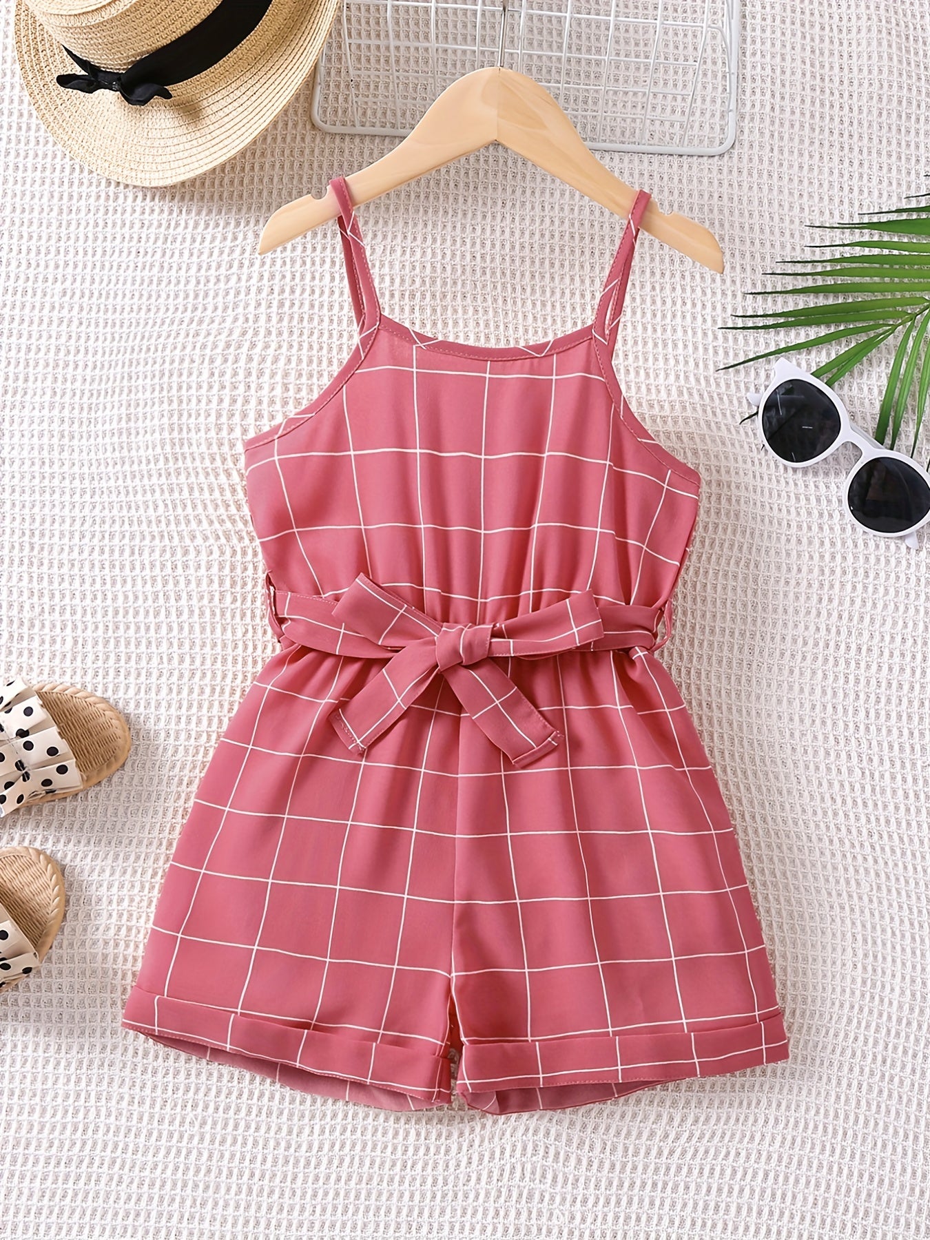 Toddlr Grls Plaid Graphic Belted Cami Romprs Jumpsuits Bch Vctn Kids Summr Clths