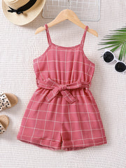 Toddlr Grls Plaid Graphic Belted Cami Romprs Jumpsuits Bch Vctn Kids Summr Clths