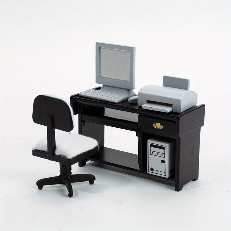 1:12 Dollhouse Computer Desk and Chair Set - Durable Accessories for Play