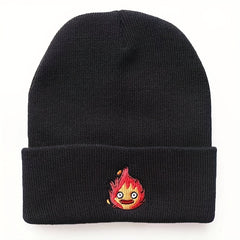 Anime Flame Embroidery Beanie Cartoon Unisex Knit Hat Elastic Casual Skull Cap