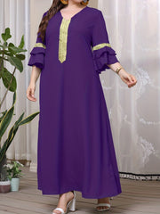 Abaya Dress Women's Plus Contrast Lace Panel Layered Sleeve V Neck Jal