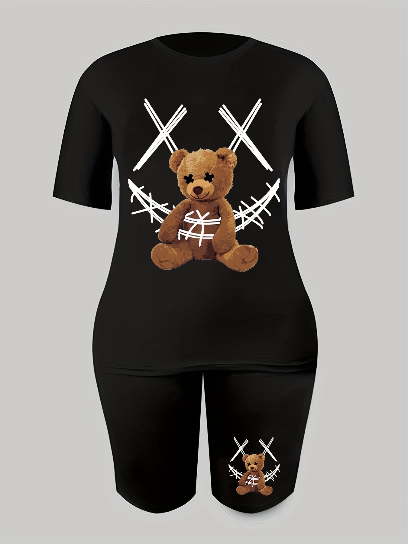 2pcs Bear Graphic Summer Sports Suit Loose Top & Shorts