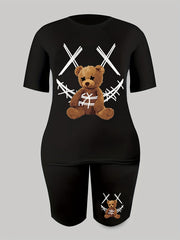 2pcs Bear Graphic Summer Sports Suit Loose Top & Shorts