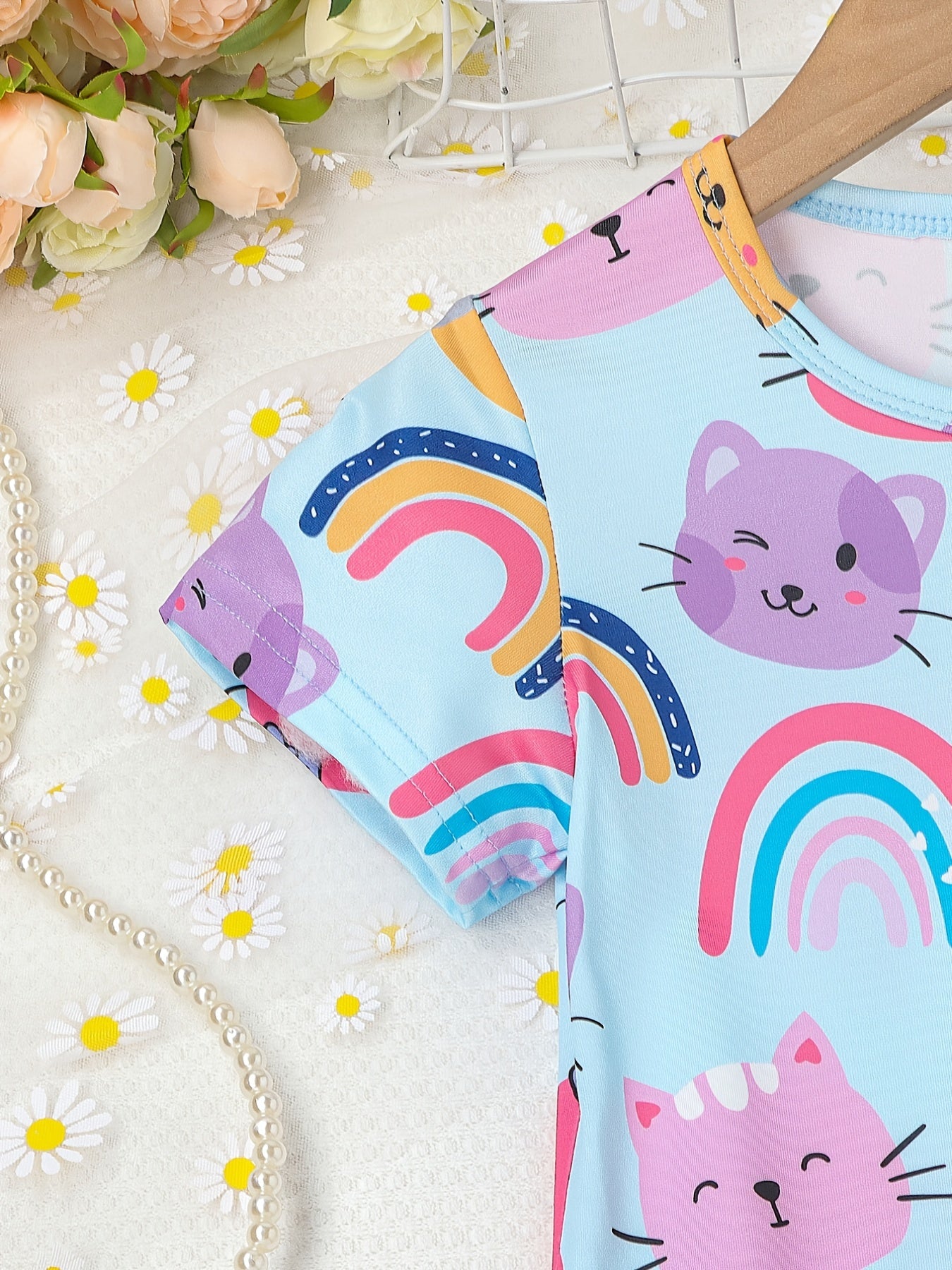 Girls Cats & Rainbows Straight T Shirt Dress Lounge Vacation Casual