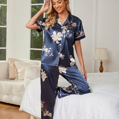 Floral Satin Pajama Set Short Sleeve Top & Pants