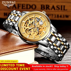 ZUNPAI Business Skeleton Wristwatch Stainless Steel Waterproof Men's Watch