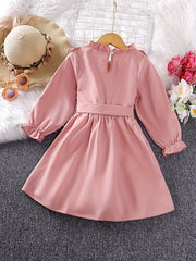Girls' Flower Embroidery Flutter Trim Long Sleeve Dress