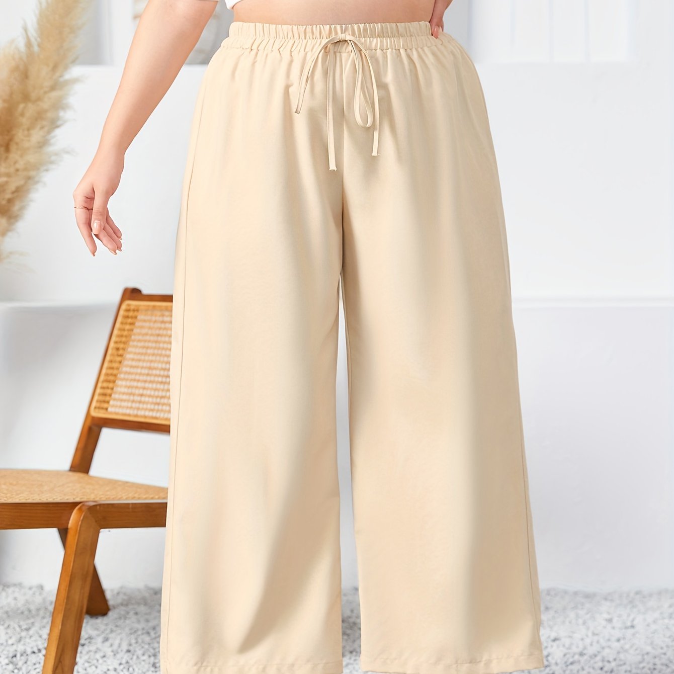 Wide Leg Trousers Elastic Drawstring Solid Pants