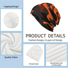 Orange Camo Style Brimless Hat With Rolled Cuff