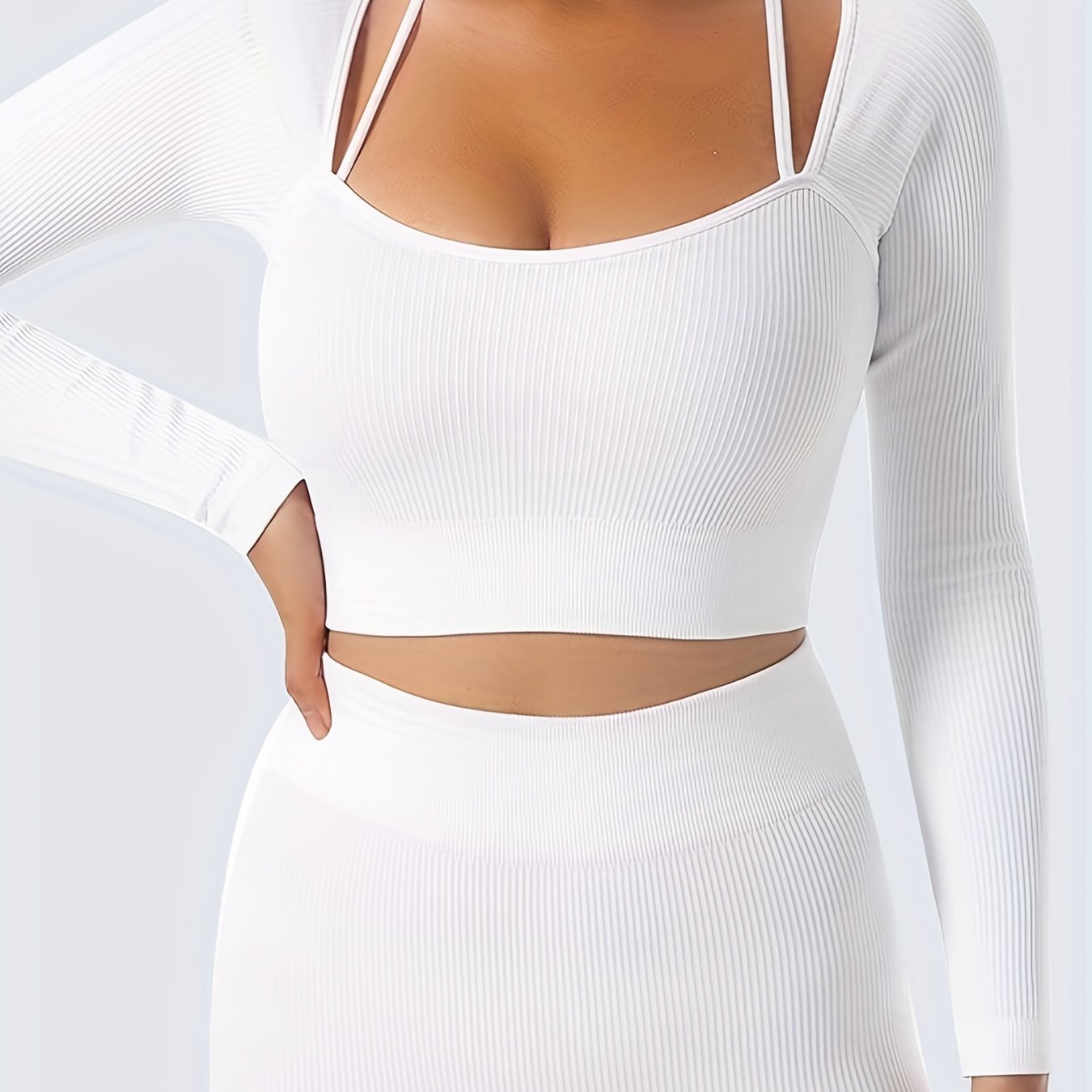 Women's Ribbed Yoga Set Long Sleeve Halter Top & Leggings for Workout