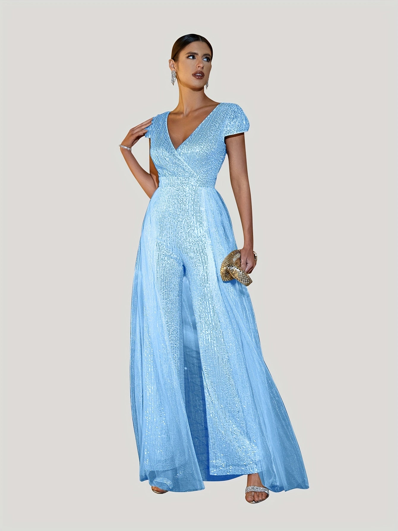 Sequin Surplice Neck Jumpsuit with Overskirt for Women